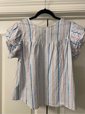 Striped Puff Sleeve Baby Doll Top in Blue & Pink